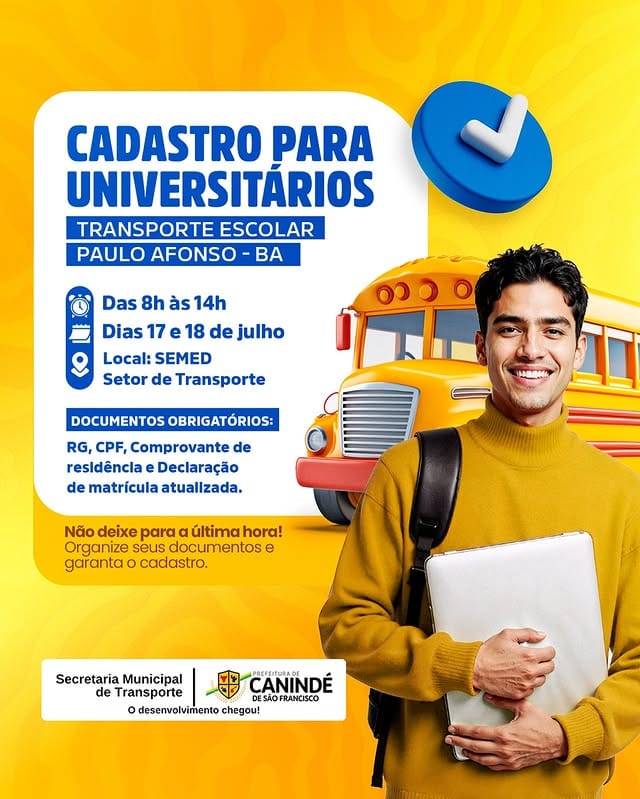Chegou a hora de fazer o cadastro para o Transporte Escolar com destino a Paulo Afonso – BA